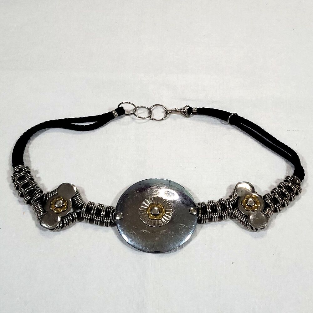 Vtg‎ Metal Art Belt Steel Copper Medallions 31" Cinch Waist Korea Boho Steampunk